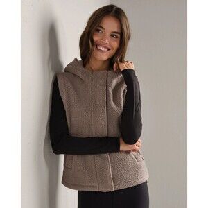 Rhone AloftFleece Vest Zip Mockneck Hood Pockets Womens Sz M Foggy Taupe $138